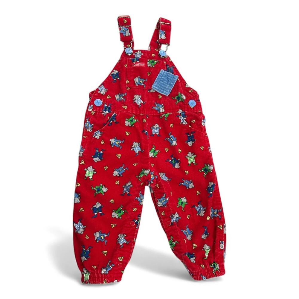 Vintage Oshkosh Corduroy Red Sports Mice Overalls Paper Tag